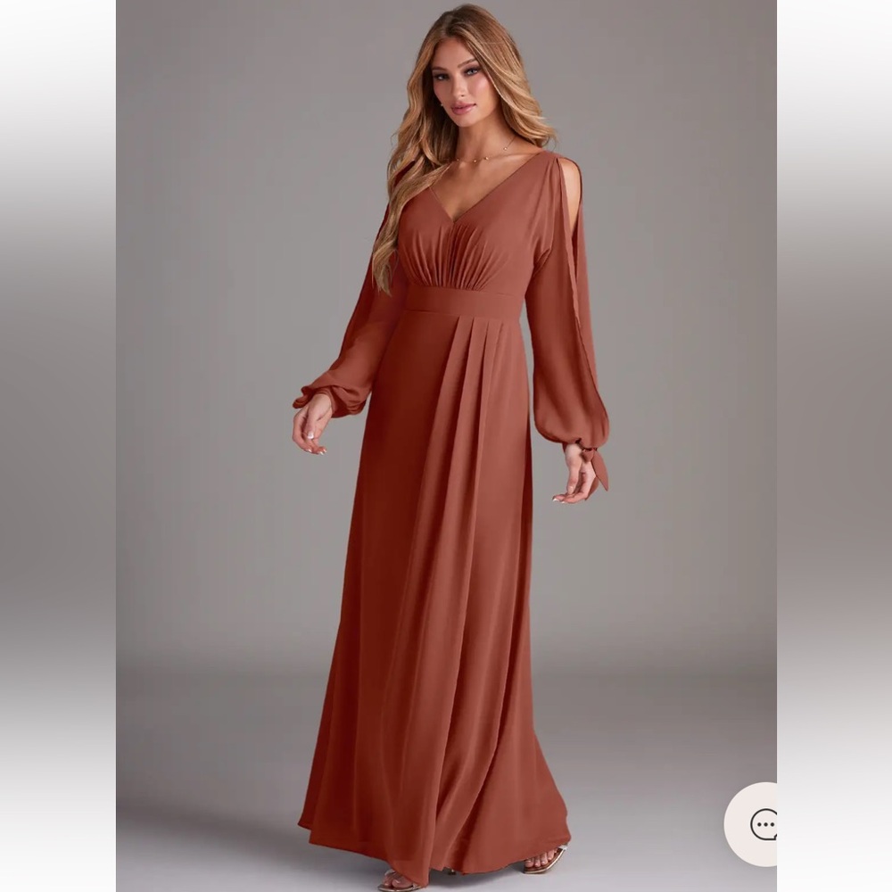 Azazie Chiffon Long Sleeve Maxi Semi Sheer Lined Faux Wrap Dress Fall